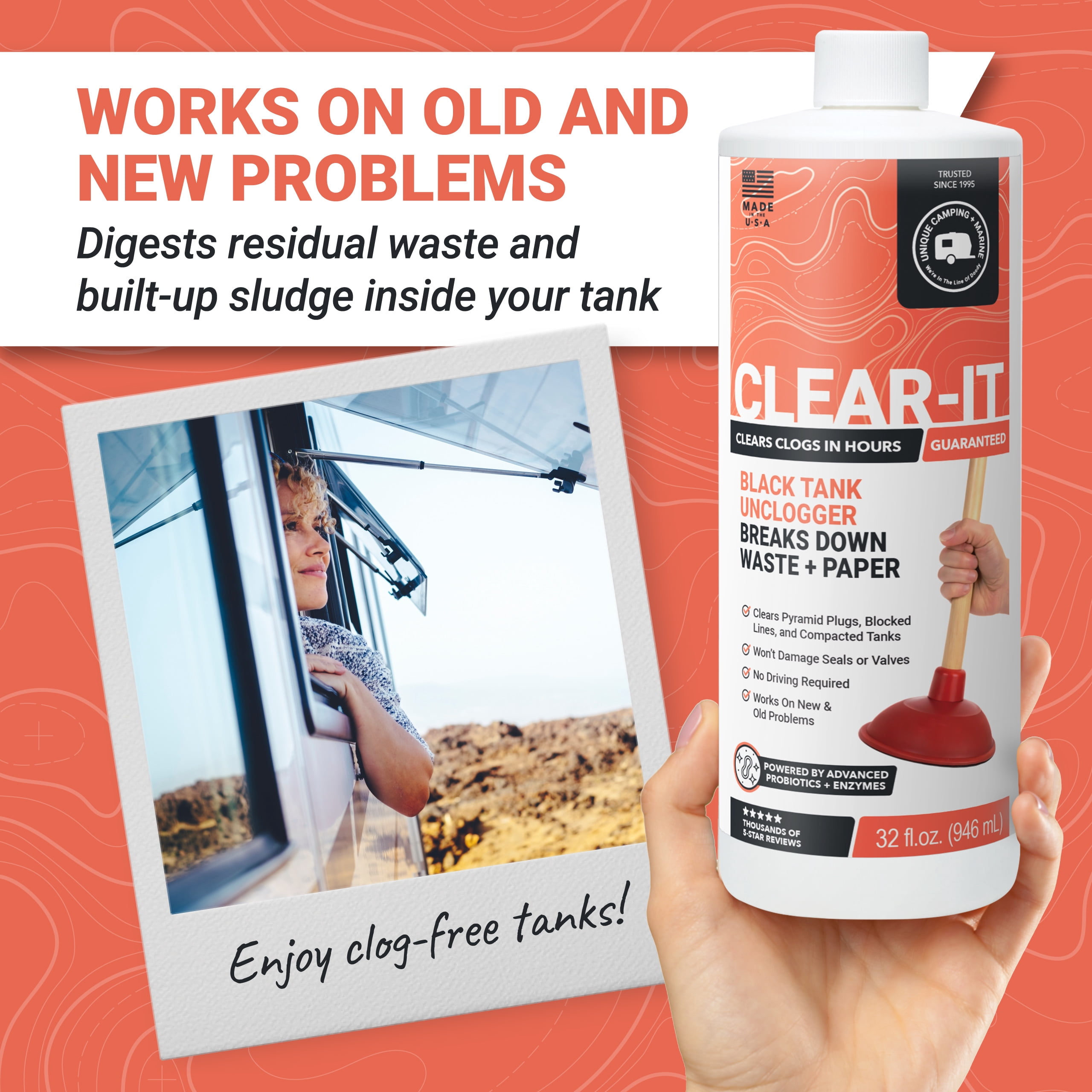 Unique Clear-It RV Toilet & Black Tank Unclogger Liquid, Breaks Through Pyramid Plugs & Clogged Pipes, RV Tank Cleaner, 32 oz