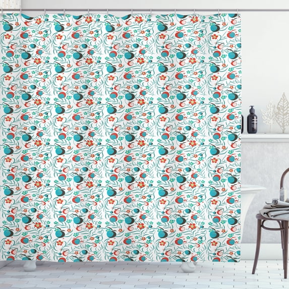 Garden Art Shower Curtain, Foliage with Blooms and Fruits Abstract Yard Swirling Leafy Stems, Fabric Bathroom Set with Hooks, 69W X 70L Inches, Teal Vermilion Dark Brown, by Ambesonne