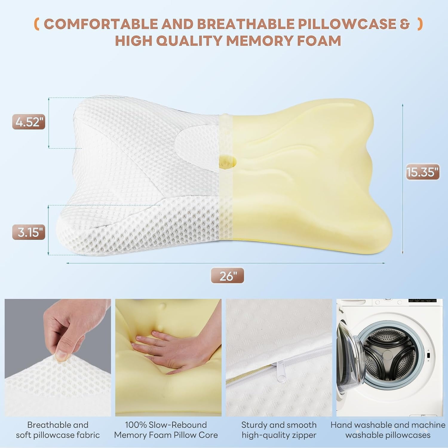 Cervical Pillow for Neck and Shoulder, Ergonomic Memory Foam Pillow with Contour Design, Supports Side Back and Stomach Sleepers, Cooling Orthopedic Pillow, King Size, White