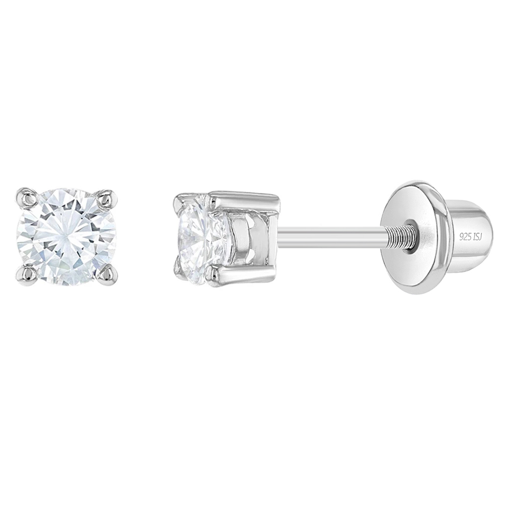 925 Sterling Silver 3mm CZ Round Screw Back Earrings for Infants