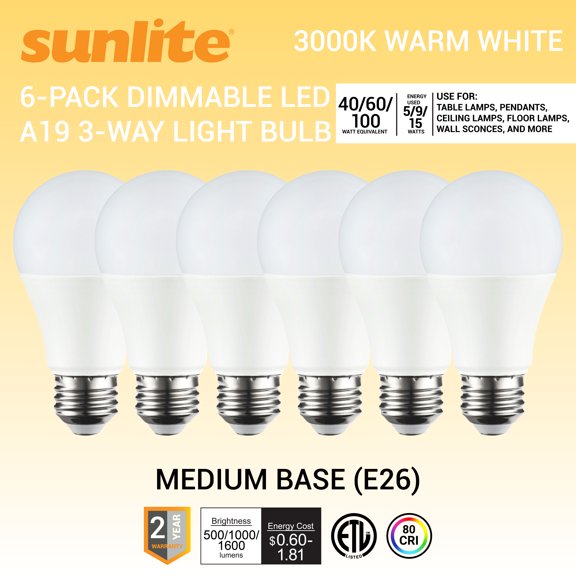 Sunlite 3-Way LED A19 Light Bulb, 5/9/15 Watts (40W 60W 100W Equivalent), Medium E26 Base, Non-Dimmable,ETL Listed, 3000K Warm White, 6-Pack