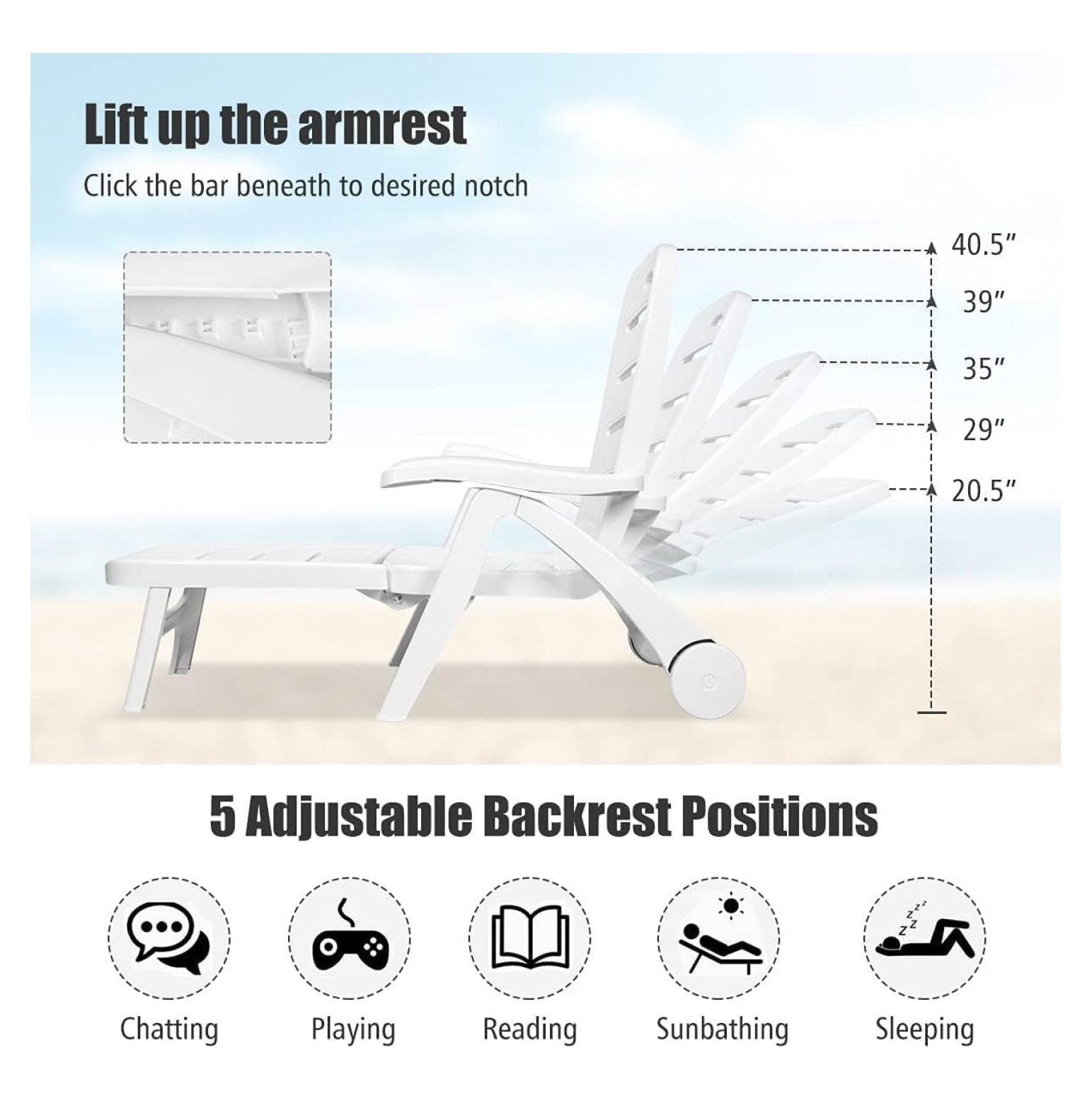 Moccha Plastic Folding Lounge Chair, 5-Position Adjustable Chaise Lounge with 2 Rolling Wheels, Armrest, Outdoor Chaise Chair for Patio, Beach, Backyard, Poolside, Home (1, White)