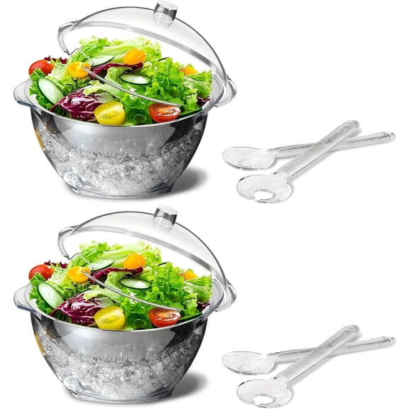 INNOVATIVE LIFE Large Salad Bowl with Ice Chiller Base and Lid 2Pack, Kitchen Refrigerated Veggie Tray with Two Long Spoons, Party Platters for Food, Clear