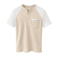 thumbnail image 6 of Men's Color Block Raglan Shirt, Short Sleeve Button Down Shirt, Round Neck, Polyester Rayon Cotton Spandex Blend, Casual Daily Work Beach Vacation, Streetwear | Zenithor,Beige S, 6 of 8