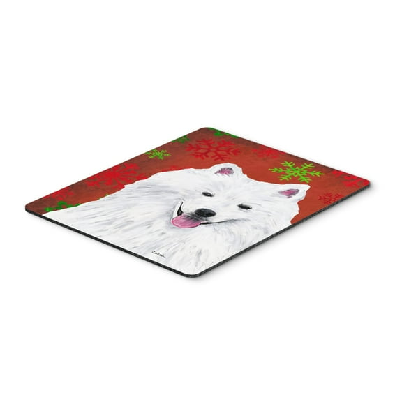 "American Eskimo Red and Green Snowflakes Holiday Christmas Mouse Pad Hot Pad or Trivet"