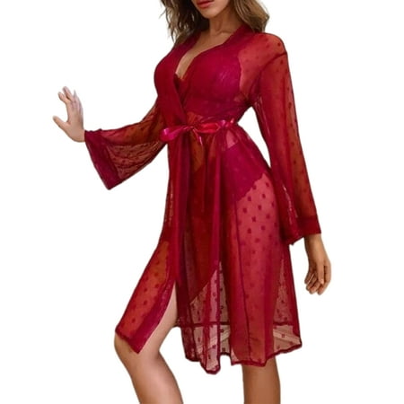 

Frontwalk Ladies Lingerie Set 3 Pieces Bodysuit Long Sleeve Cardigan Transparent Teddy Babydoll Solid Color Women Bra Spaghetti Straps Plain Deep V Neck Red M