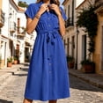 thumbnail image 4 of ClodeEU Women's Collar Cap Sleeve Drawstring Waist Button Midi Shirt Dress,Casual Summer Dress Blue,Women's Plus S, 4 of 5