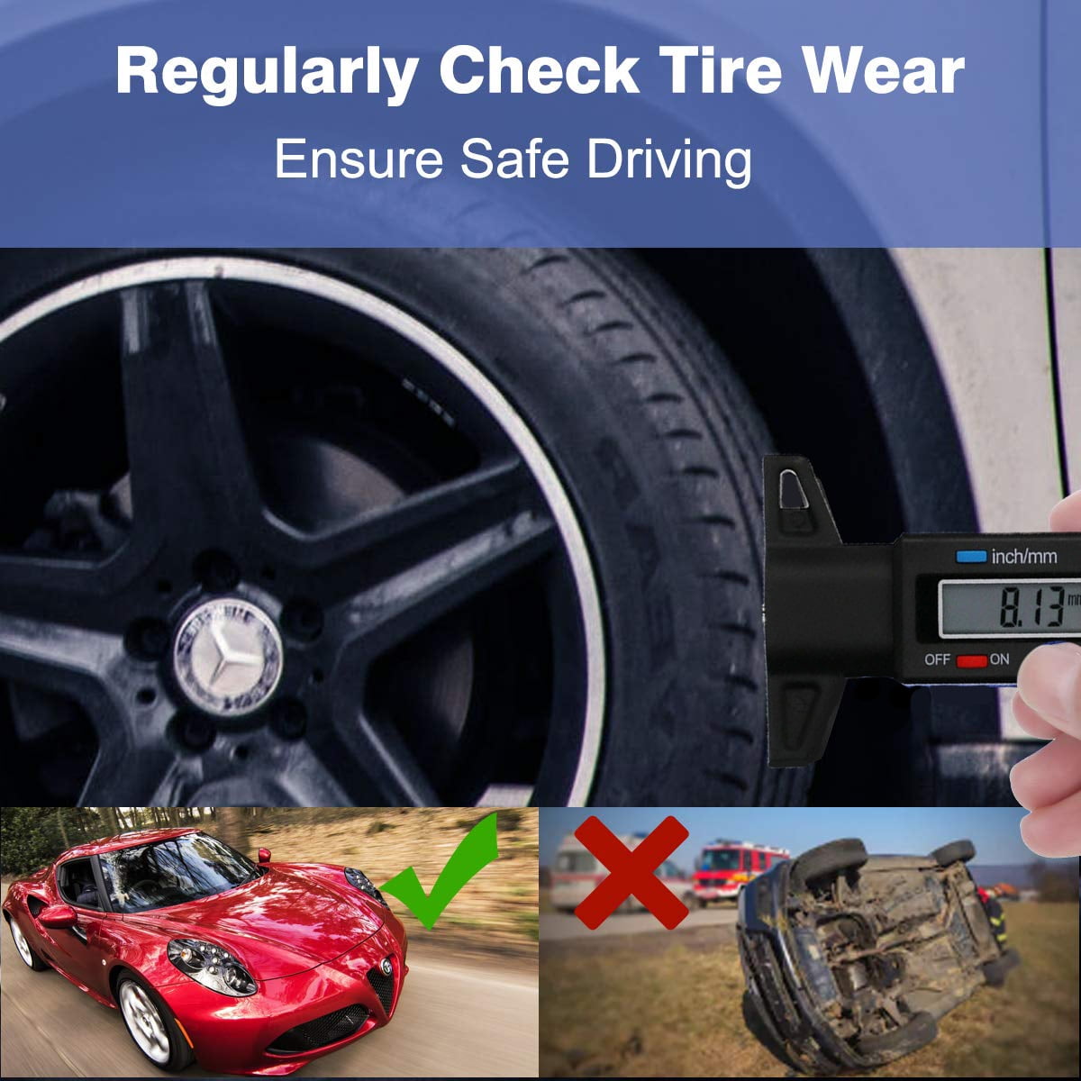 LCD Display Digital Depth Gauge Tyre Tire Tread Brake Pad Shoe Wear 0-25.4mm 