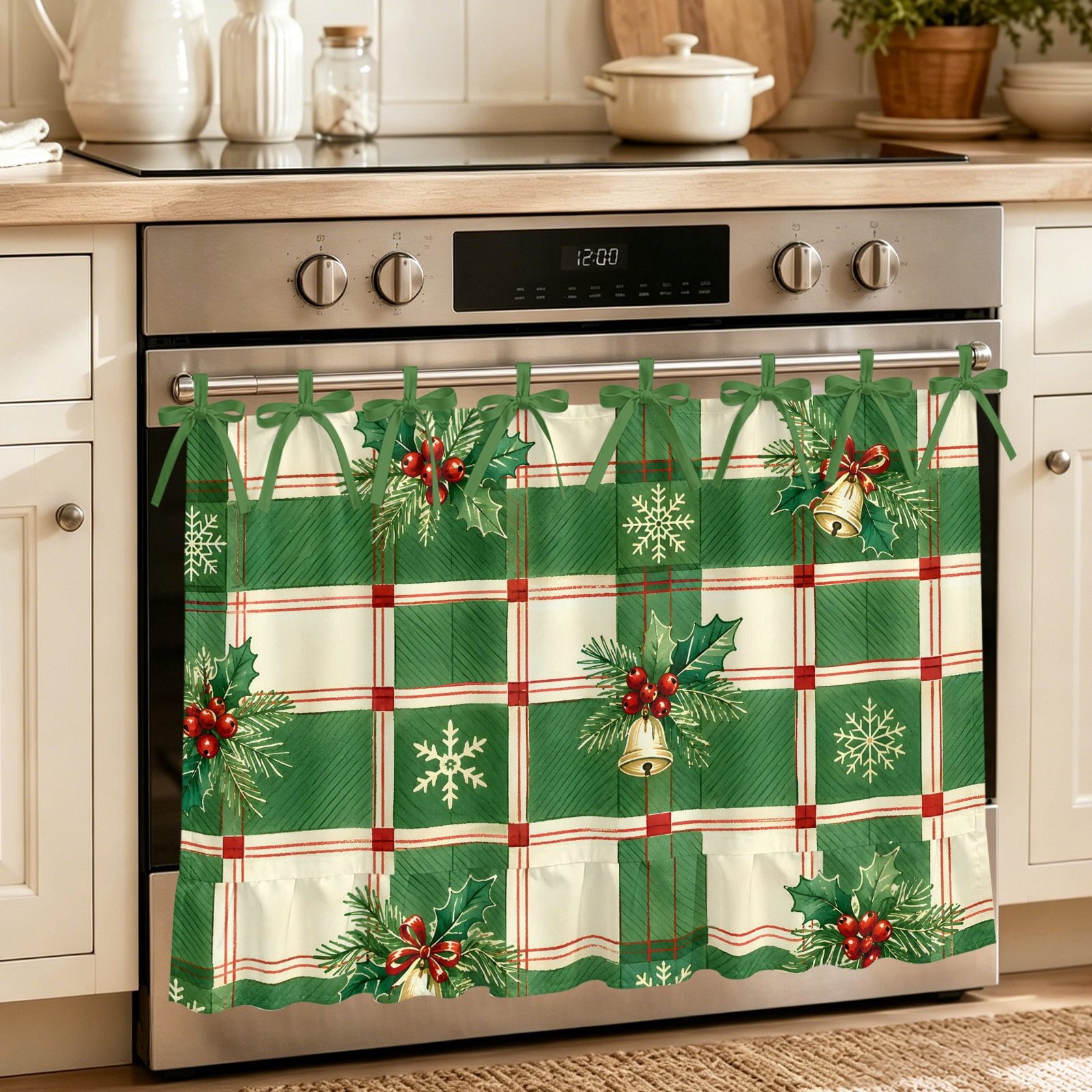 Oven Curtain for Kitchen Christmas Red Berries Golden Bells Stove Curtain With Ruffled Trim Dishwasher Curtains Green White Plaid Oven Skirt 27 x20