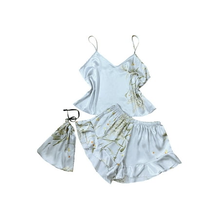 

Women s Satin Pajamas Sets Bridesmaid Pjs Floral Slik Cami Tops + Ruffle Shorts Set Summer Sleepwear