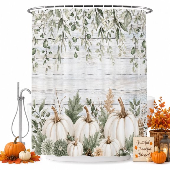 Fall Green Pumpkins Shower Curtain, Waterproof Shower Curtains for Bathroom, Thanksgiving Eucalyptus Leaves Floral Washable Fabric Bathtub Curtain Set Bath Decor with 12 Hooks Stall 36"x72"