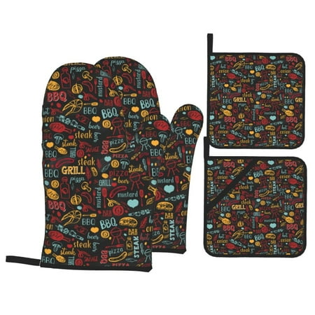 

Oven Mitts and Pot Holders 4 pcs Set BBQ Barbecue Grill Heat Resistant Pot Holders Oven Mitts for kitchen Non-Slip Hanging Loop Oven Glove Potholders for Baking Cooking