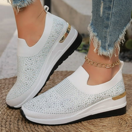 Gvdentm Women s Walking Shoes Sock Sneakers Mesh Slip On Lady Girls Modern Jazz Dance Easy Shoes Platform Loafers White 8.5