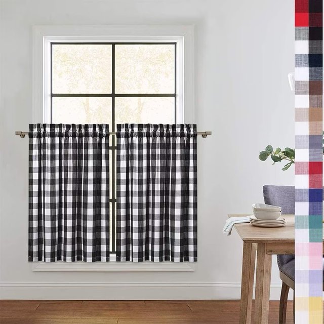 Cortinas de cocina Haperlare con cuadros de búfalo de 91 cm de largo, con niveles de cuadros vichy para cafeterías, cortinas para ventanas de baño con filtro de luz, color blanco y negro