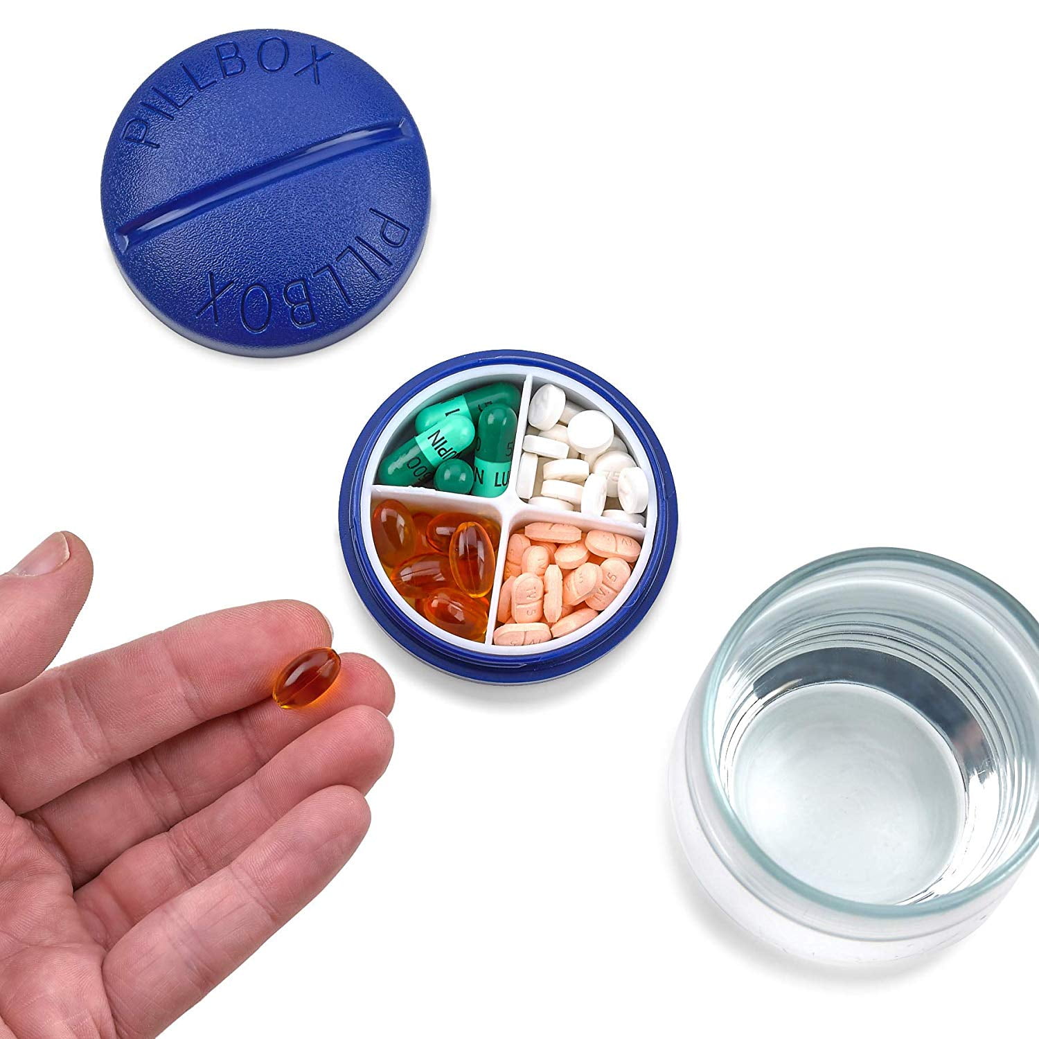 Pill Box Round for Travel Mini Compact Portable 4 Compartment Pills