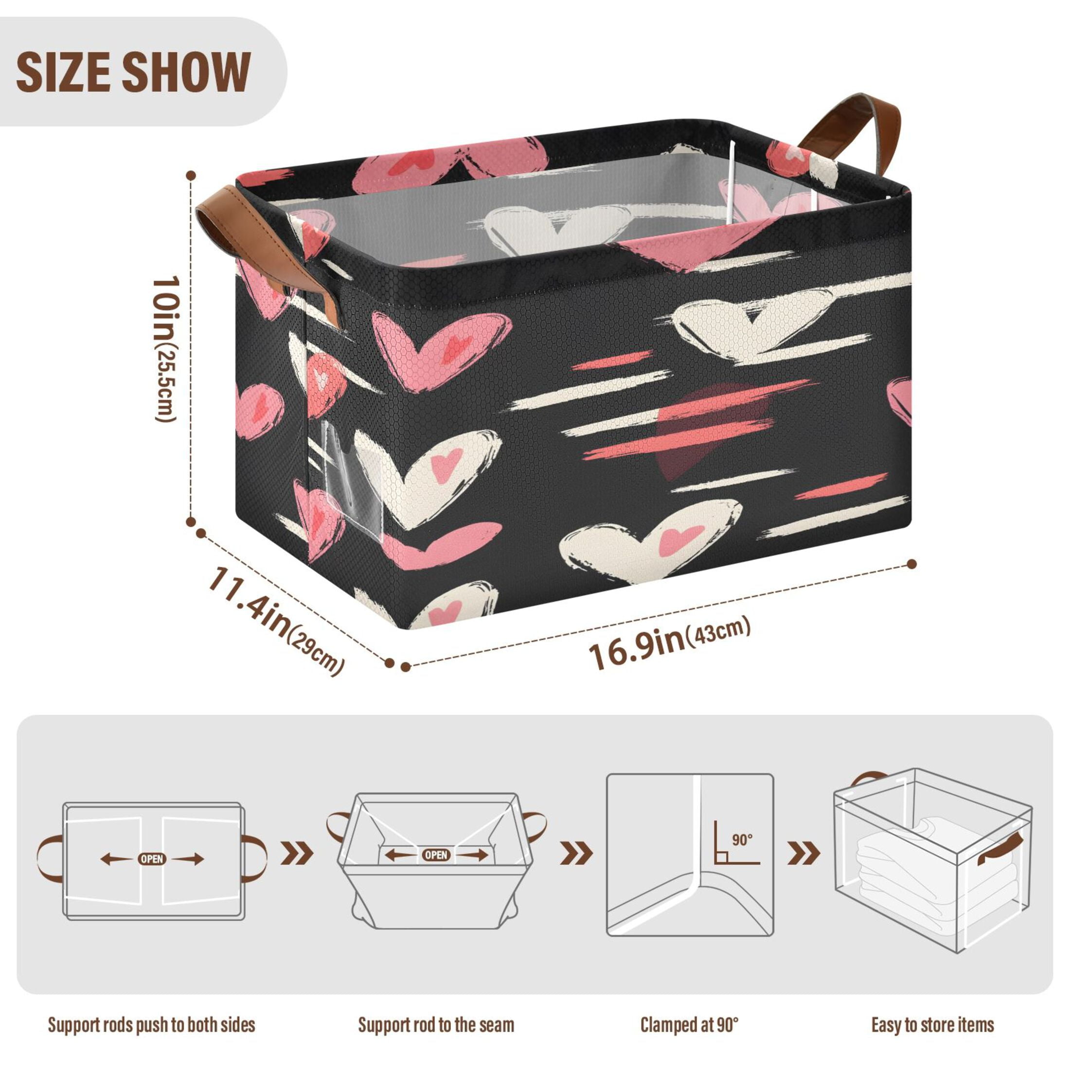 Ryvnso Heart on Black Storage Bins Large Basket Foldable Cube Toys Organizer with Handles 2 PCs