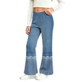 thumbnail image 4 of HAOTAGS Girls Flare Pants – Soft Lace-Print Stretch Casual Demin Pants Blue Size 2T, 4 of 9