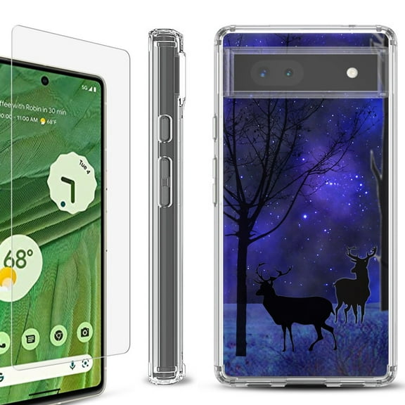 Shockproof Bumper Phone Case for Google Pixel 6a, with Tempered Glass Screen Protector, by OneToughShield ® - Midnight Forest