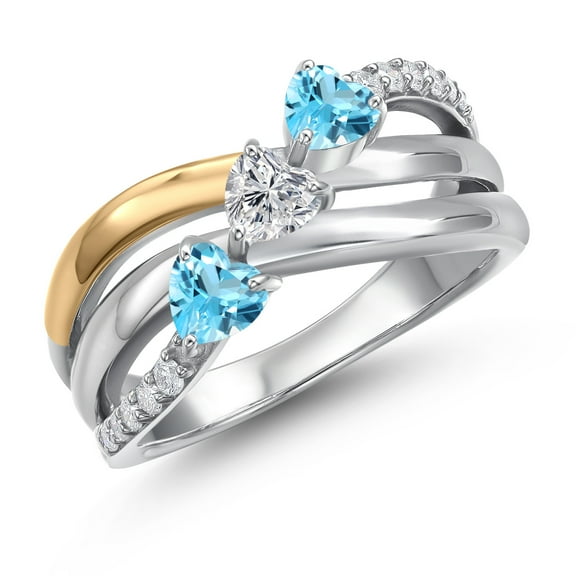 Gem Stone King 925 Silver and 10K Yellow Gold Swiss Blue Topaz and Lab Grown DiamondEngagement Ring for Women | 1.04 Cttw | Heart Shape Gemstone November Birthstone | Size 7