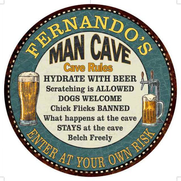 FERNANDO'S Man Cave Rules 14" Round Metal Sign Garage Wall Decor 100140009464