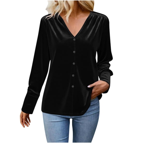 Women's Velvet Top V-Neck Long Sleeves Solid Casual Tunic Blouse Loose T-Shirt