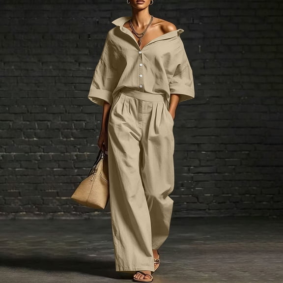 Guieoi Fall Outfits for Women Casual 2-Piece Set Oversized Button Shirt and High-Waisted Pleated Wide-Leg Pants Matching Activewear Set Brown L