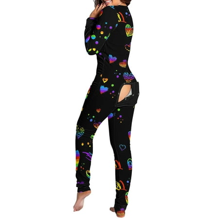 

Women s Button-Down Jumpsuit Love Print Sets Functional Buttoned Adults Warm Soft Jumpsuit Adult Footie Pajamas Women Ladies Long Sleeve Rompers