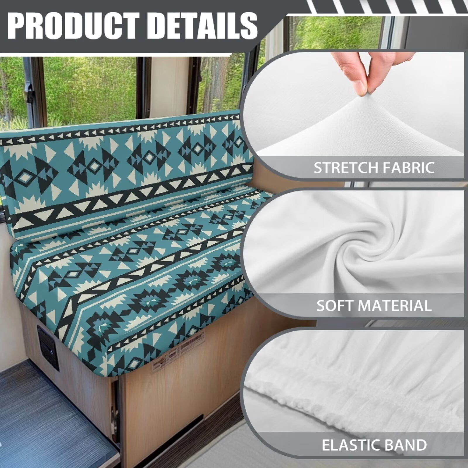 Uorisanigo RV Dinette Cushion Covers, Stretch Camper Accessories RV Dinette Cushions Soft Blue Aztec Print Camper Sofa Cover Furniture Protection Washable ＆ Easy to Install