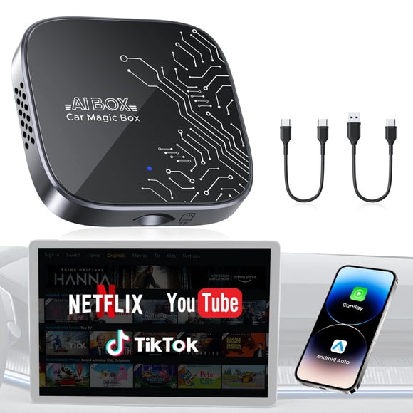 4-in-1 Wireless CarPlay Adapter for Streaming Netflix/YouTube/TikTok/TF Card, 2026 Magic Video AI Box & Android Auto Dongle [Dual Band WiFi, Bluetoot