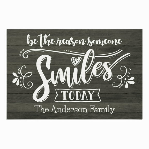 Personalized Planet 27x18 Be The Reason Someone Smiles Today Uplifting Doormat with Custom Family Name Printed on Gray Rectangular 1/8” Thick Non Slip Mat for Kitchen Hallway Deck or Porch