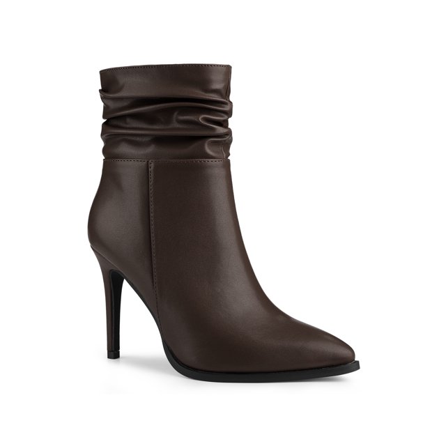 Unique Bargains Women's Slouchy Pointed Toe Side Zip Stiletto Heel Ankle Boots Coffee (Size 6.5)