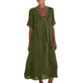 thumbnail image 2 of Cotton Linen V Neck Maxi Dress Womens A-Line Flowy Casual Short Sleeve Loose Fitting Summer Daily Wear with Pockets Green M, 2 of 9