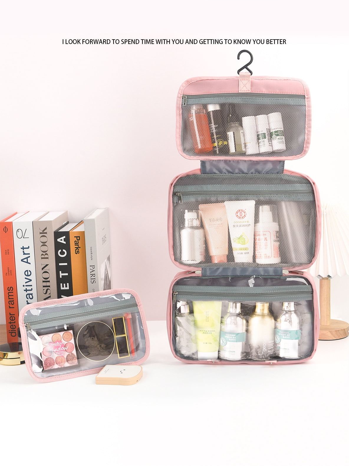 Chenille Letter Stuff Spacious Travel Toiletry Bag Essentials with Hanging Hook for women, Portable Hanging Organizer for Travel-Sized Shampoo , Waterproof for Travel makeup Accessories Gift