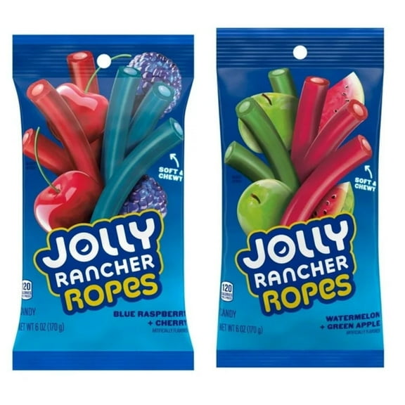 Jolly Rancher Ropes Candy Variety Pack of 2 – 6 oz Bags (Watermelon & Green Apple / Cherry & Blue Raspberry)