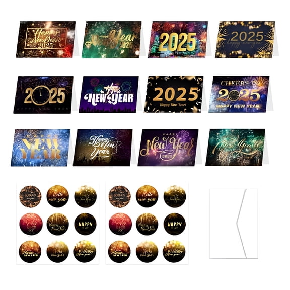 CCOCC 12Pcs New Year Cards Happy New Year Greeting Cards with Envelopes and Stickers Gold Foiled Holiday Cards
