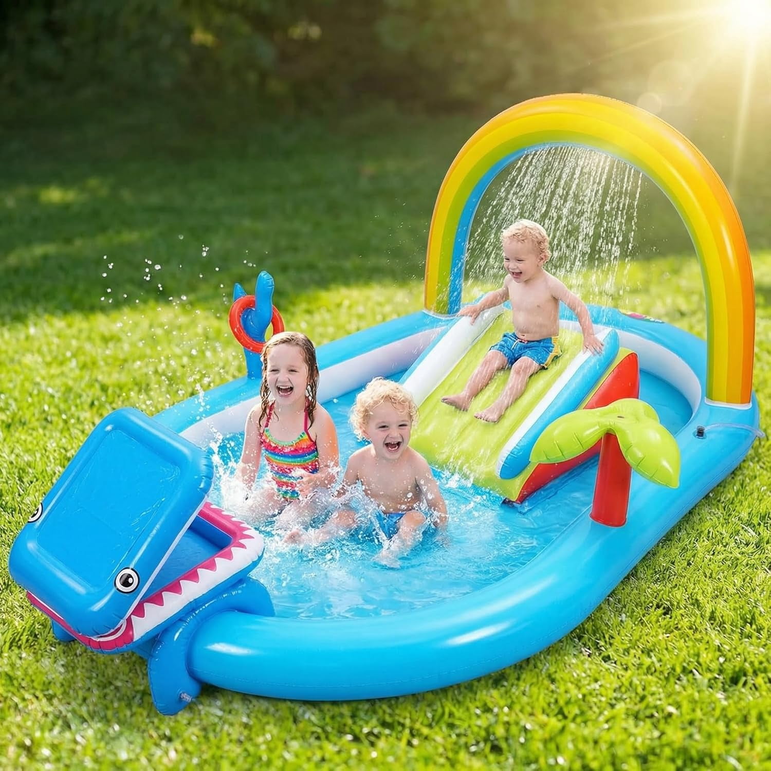 Inflatable Kids Play Center Outdoor/Indoor 98 × 64 × 39 in Kid Pool Slide, with Water Sprayer, Waterfall, and Ocean Ball, Multicolor (Without Blower)