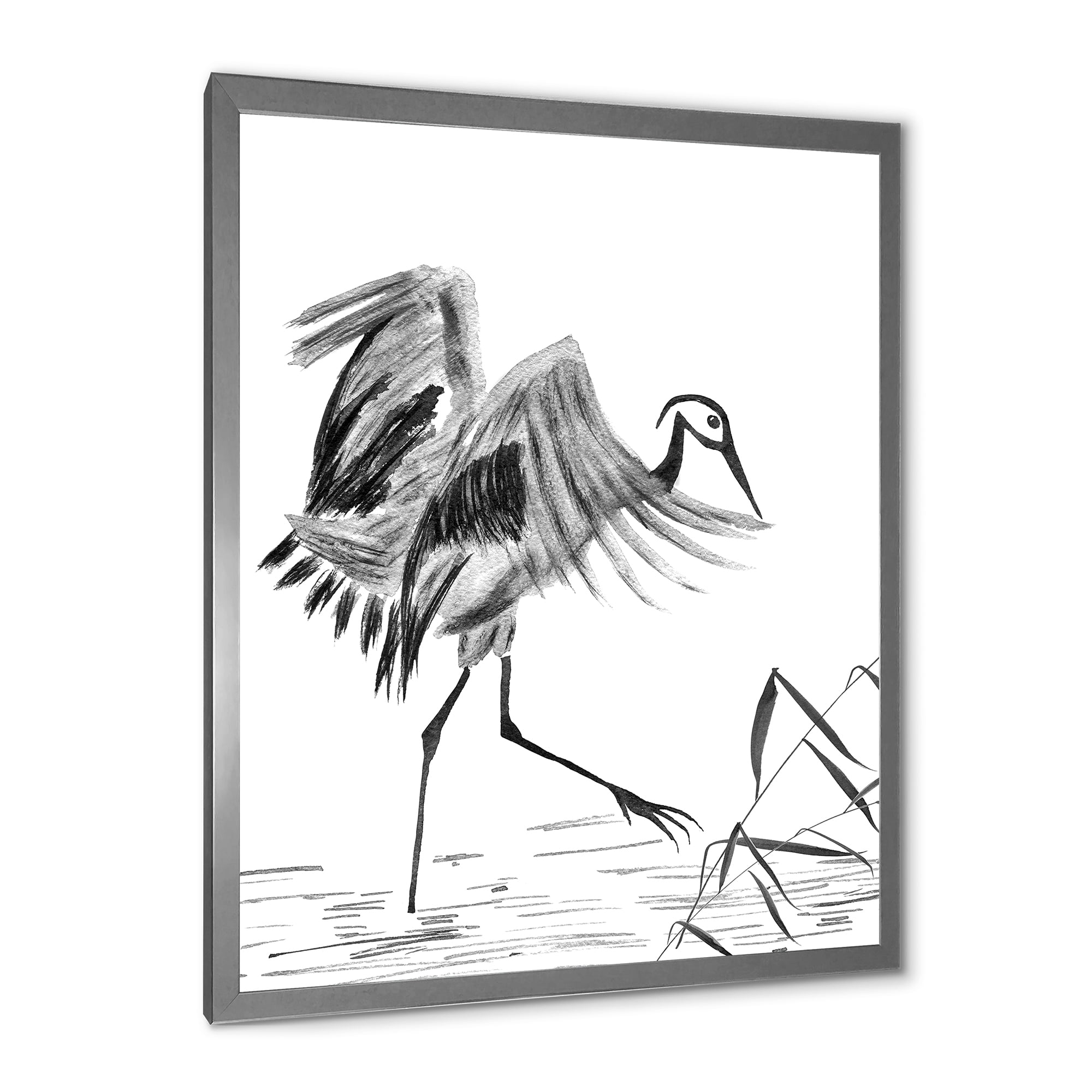 Designart 'Monochrome Japanese Oriental Crane Bird' Traditional Framed Art Print