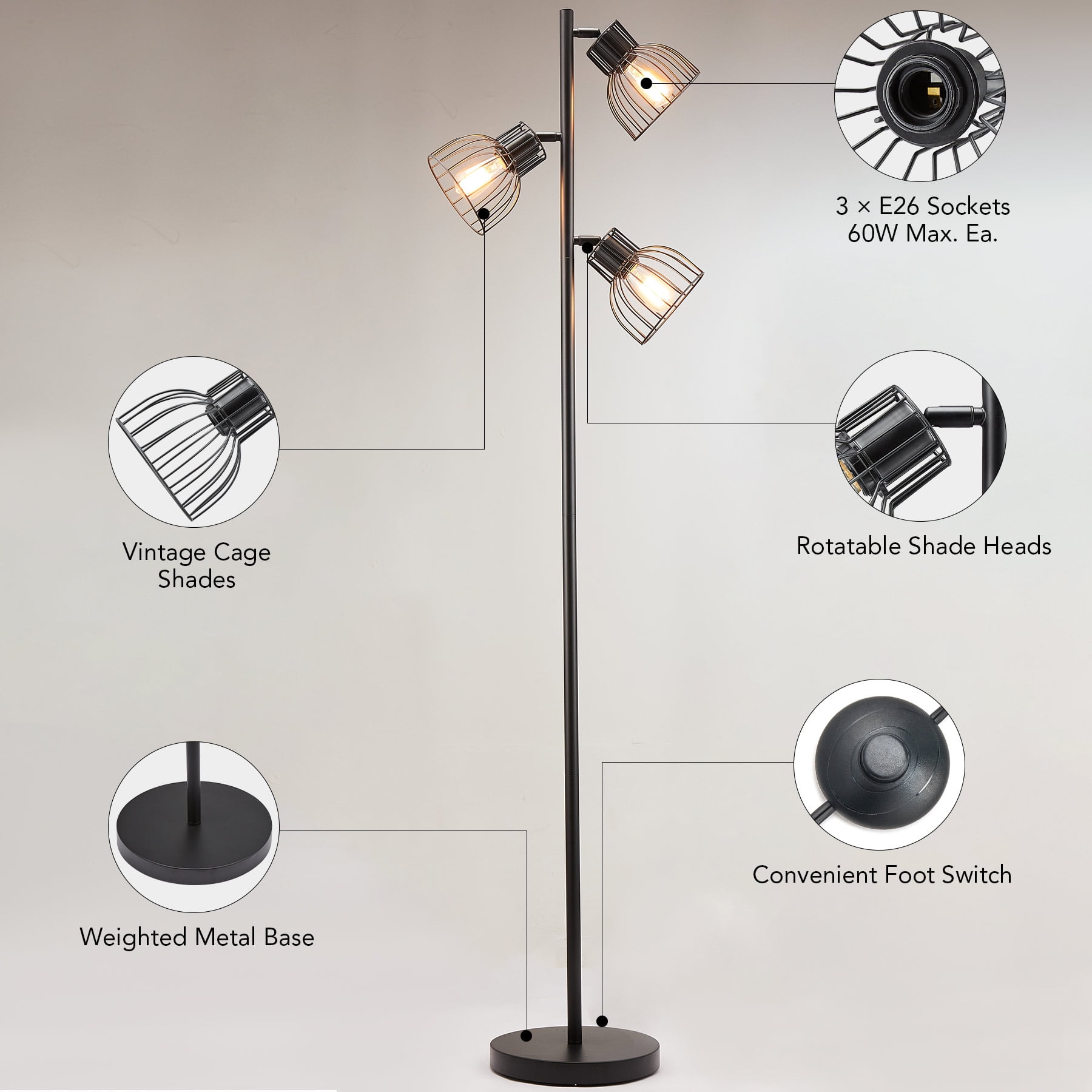 Bestco 5'5" Industrial Floor Lamp w Adjustable Metal Shades, 3 Bulbs Incl., Black