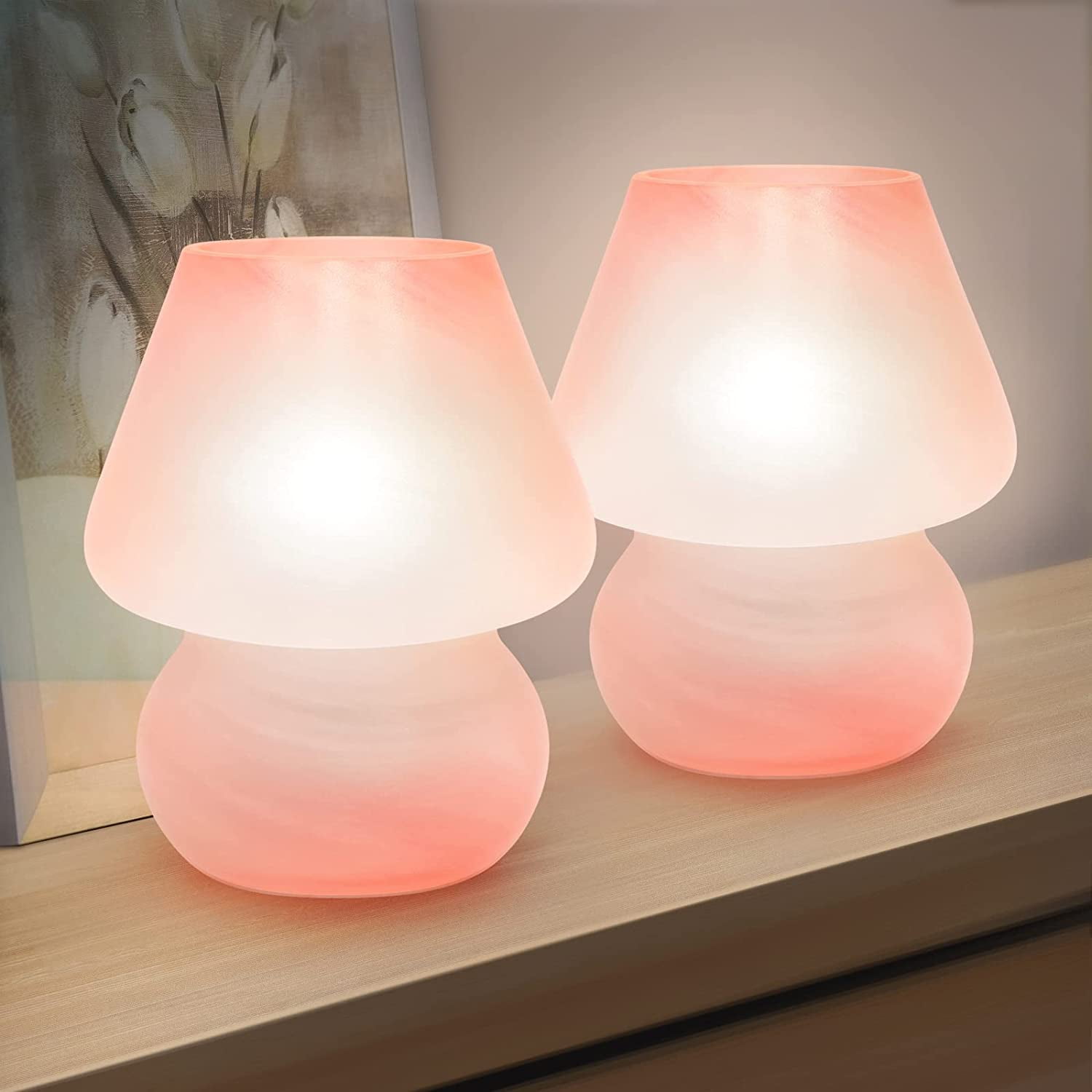 Mushroom Table Lamps Set of 2, Dimmable Glass Bedside Lamp, Cute Small Nightstand Lamp for Living Room, Bedroom, Home Decor, 7.1'' H, Pink