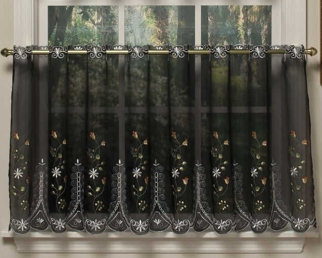 Samantha embroidered sheer black 36' kitchen curtain tier