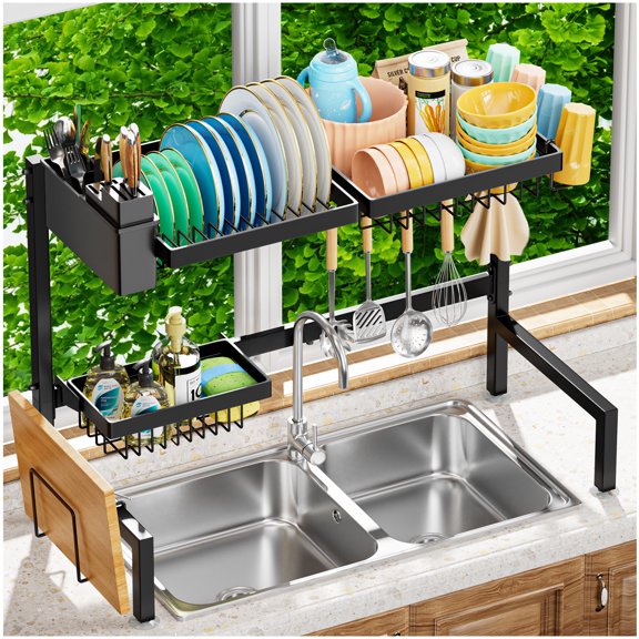 OKENTEN Steel iron Over-the-Sink Dish Drying Rack, Adjustable Width, Multifunctional Kitchen Organizer, Black