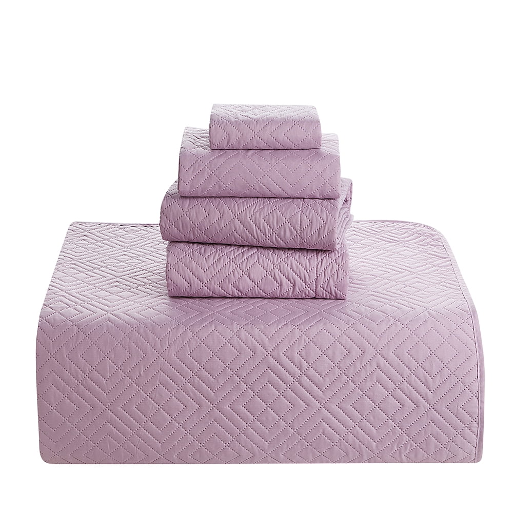 Nestl 5 Piece Quilt Set Queen , Soft Microfiber Lightweight Bedspread Coverlet, Modern Style Diamond Weave Bed Cover, Lavender Dream
