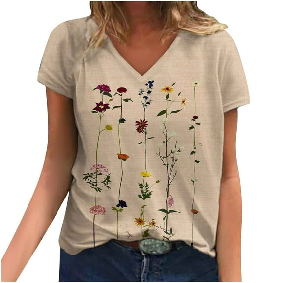 Womens Tops Clearance Under $5 Fashion Woman Causal V-Neck Printing Blouse Short Sleeve T-Shirt Summer Tops