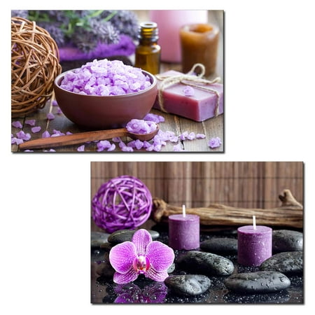 - wall26 - 2 Panel Canvas Wall Art - Purple Spa Still Life with Bath Salt and Scented Candles - Giclee Print Gallery Wrap Modern Home Decor Ready to Hang - 24