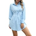 thumbnail image 3 of Ahuyic Womens Summer Casual Dress,Womens Plus Size Dress,Womens Casual Solid Color Casual Lantern Long Sleeve Waist Shirt Dress,Blue,M, 3 of 5