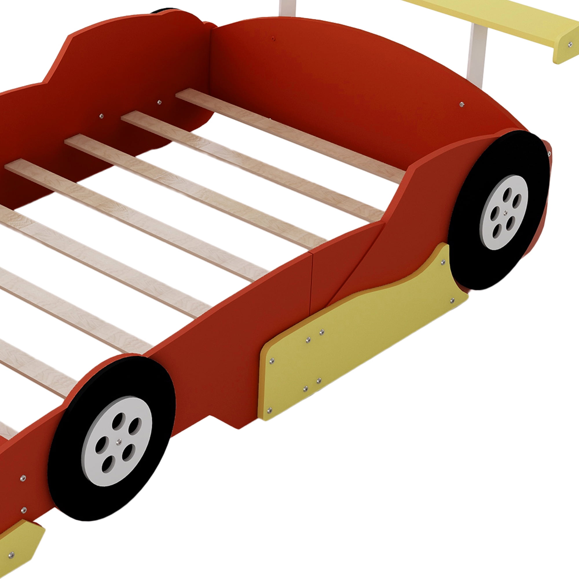 Kumix Full Size Race Car-Shaped Platform Bed with Shelves and Wheels, Wooden Platform Bed for Boys and Girls, Car-Shaped Floor Bed Frame for Bedroom, Full Size Floor Bed, Red