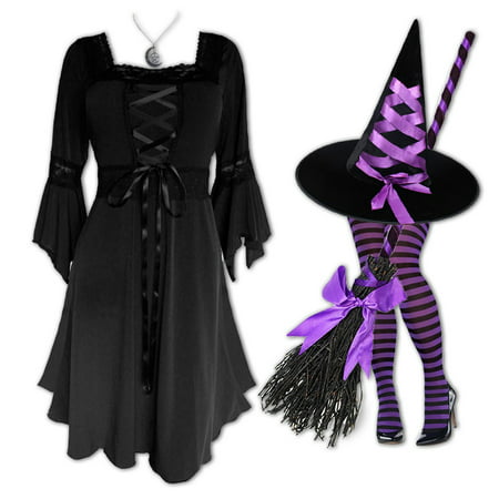 Plus and Regular Size Women's Halloween Witch Costume with Renaissance Dress, Hat and Tights