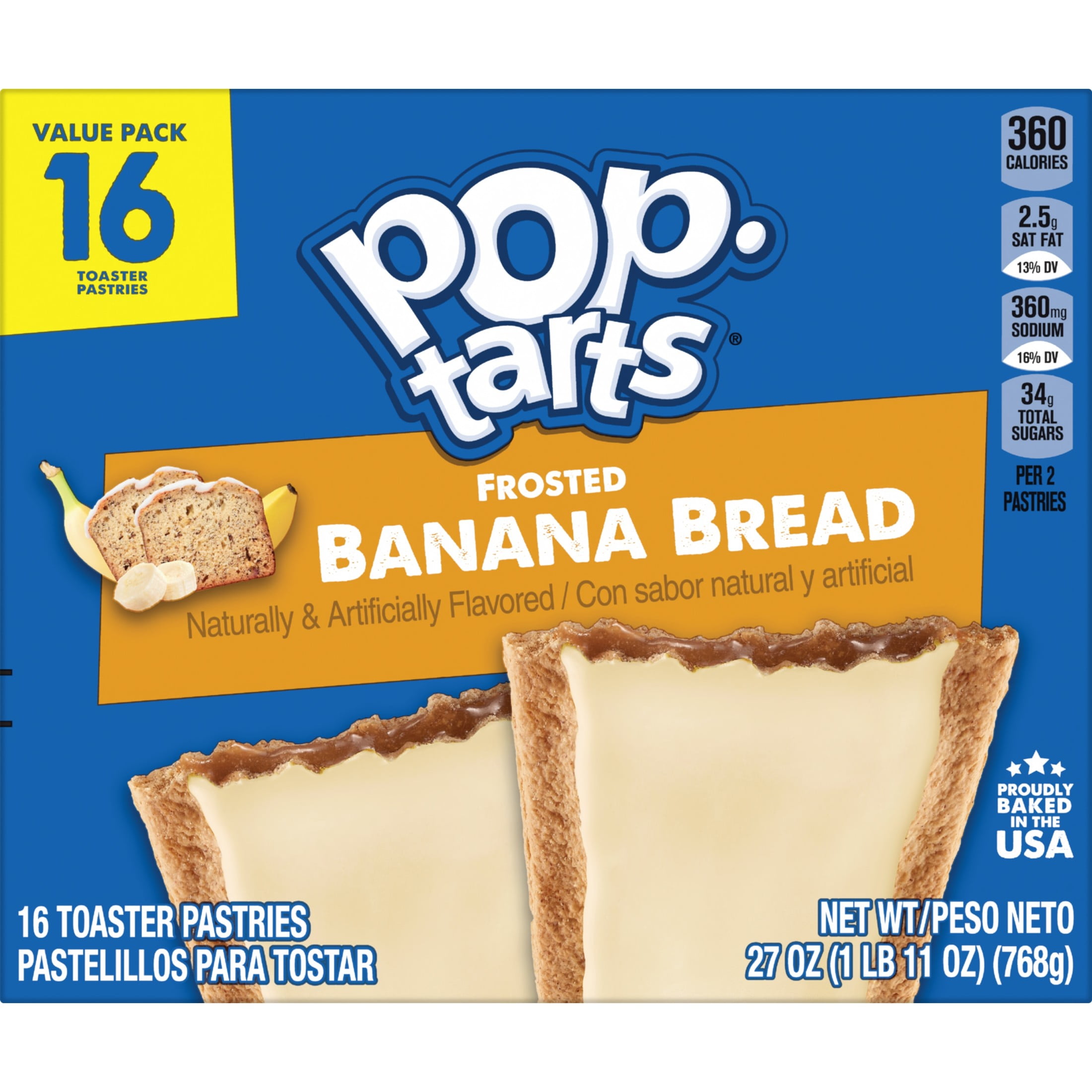 Pop-Tarts Frosted Banana Bread Toaster Pastries, Breakfast Foods, Shelf-Stable, 27 oz (16 Count)