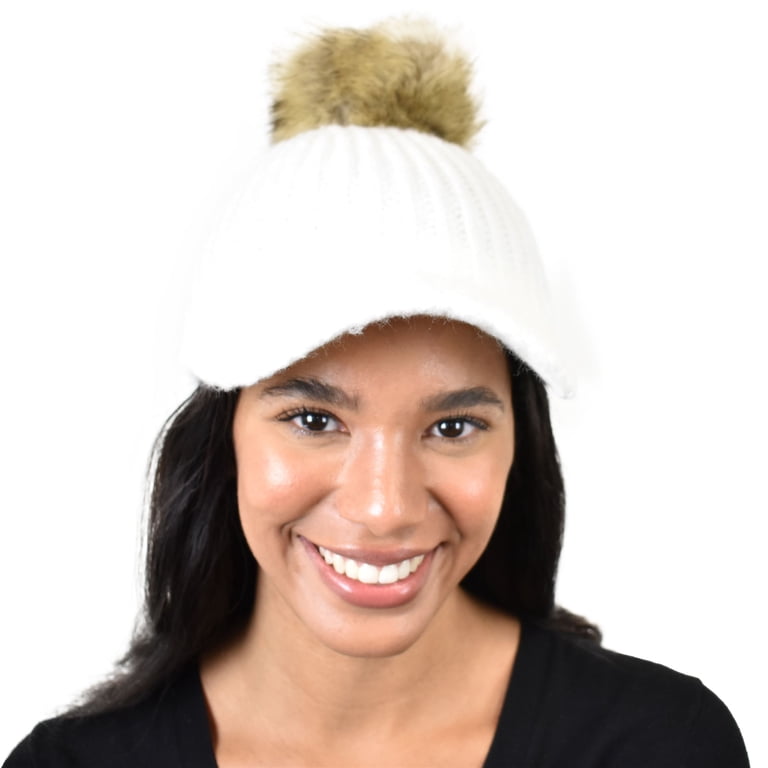 C.C Winter Warm Knit Jockey Style Faux Fur Pom Visor Beanie  display picture 1