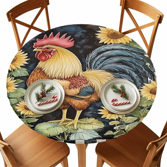 Round Tablecloth Watercolor Rooster Elastic Edge Fitted Sunflower Black Plaid Plastic Table Cover,Waterproof Oil Proof for Dinner,Outdoor, Picnic, 45"- 54" DIA Tables
